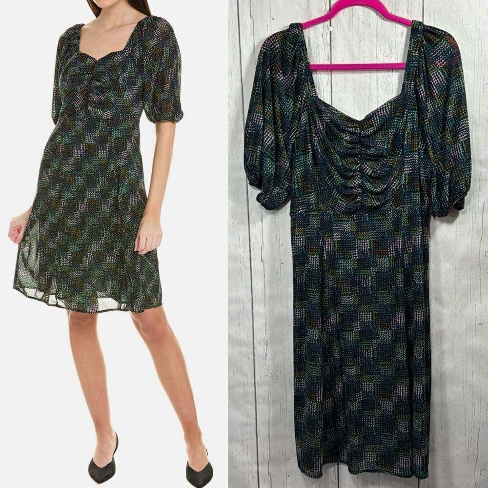 Cabi Multicolor Ruched Puff Sleeve Dress Size L Mesh Overlay Style 4214 Retro